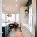Blue and white kitchen with cabinets