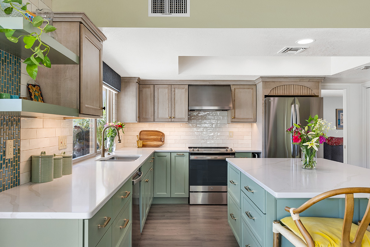 Light green and light brown stained kitchen