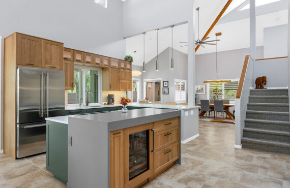 Light brown and painted gray kitchen