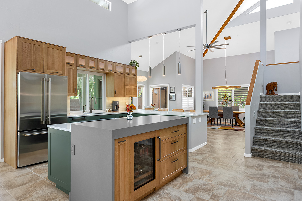 Light brown and painted gray kitchen