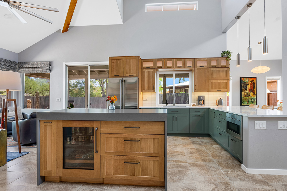 Light brown and painted gray kitchen