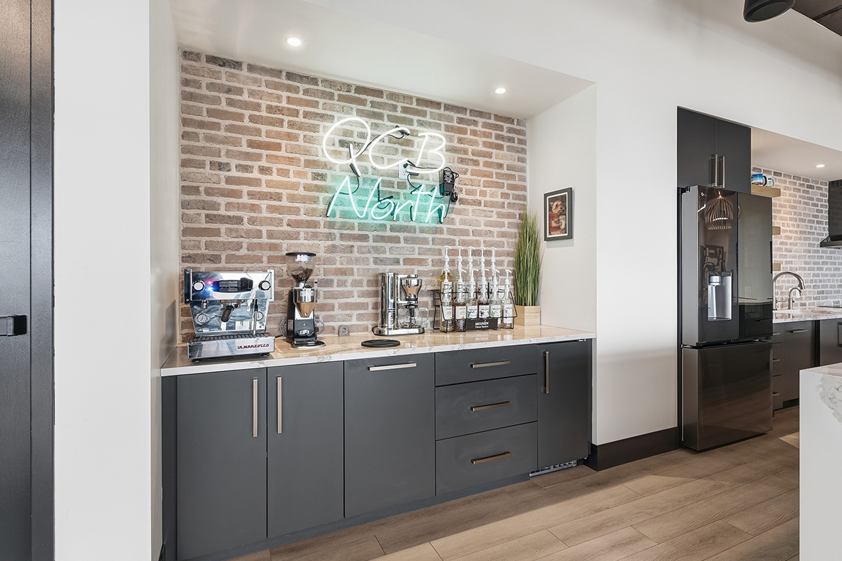 Gray coffee bar cabinets.