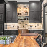 Kitchen cabinets with dark Midnight stain on Rustic Alder.