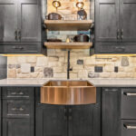 Kitchen cabinets with dark Midnight stain on Rustic Alder.
