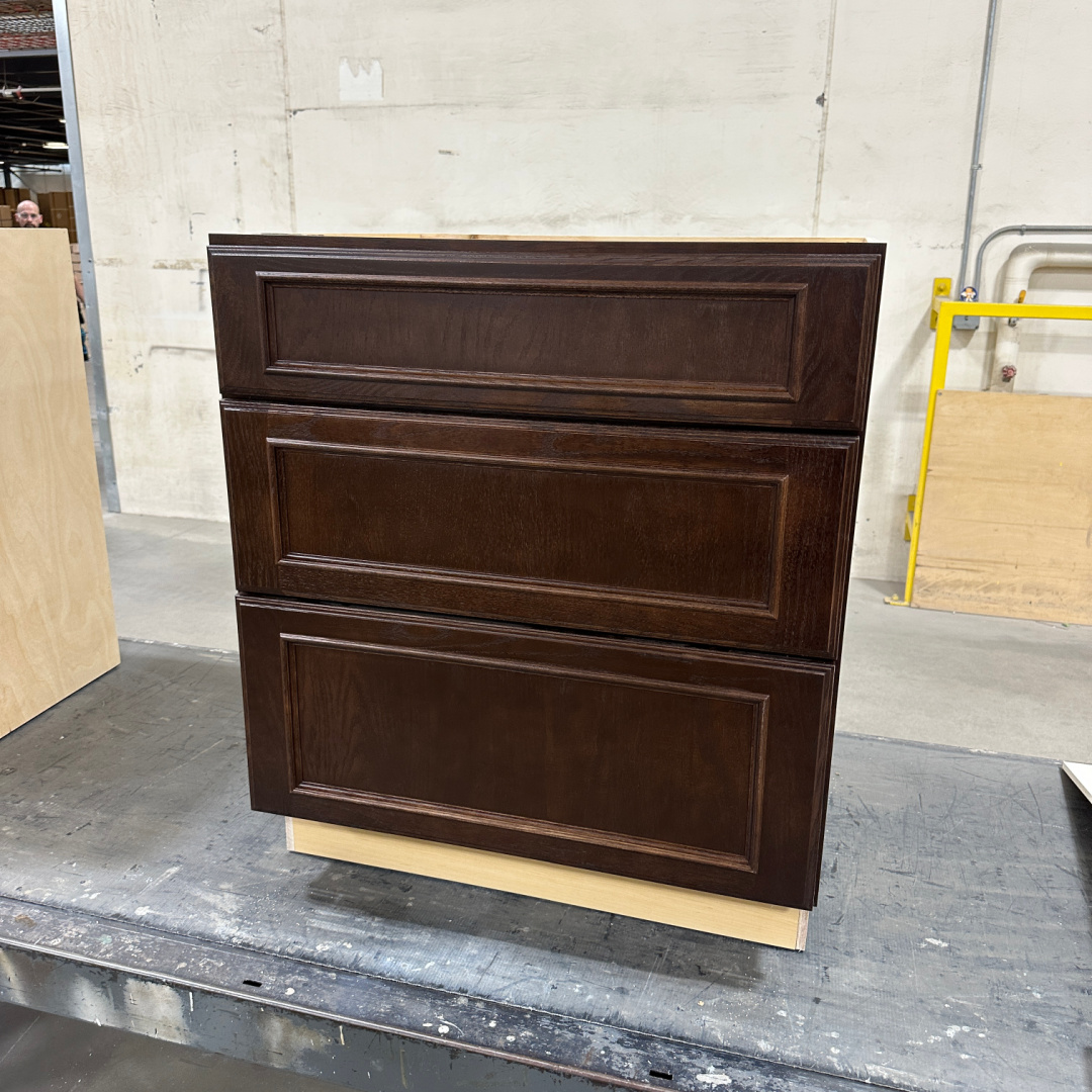 3 drawer base in red oak with a dark Coffee finish