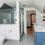 Bathroom with blue cabinetry