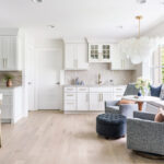 Kitchen with white perimeter and blue island cabinets.