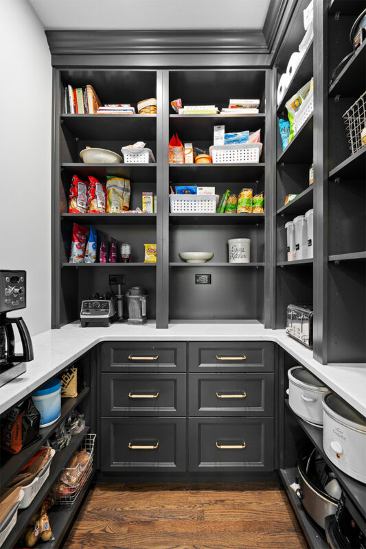 Gray painted pantry storage cabinets