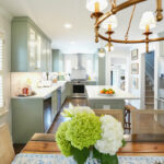 Light green painted kitchen with island.