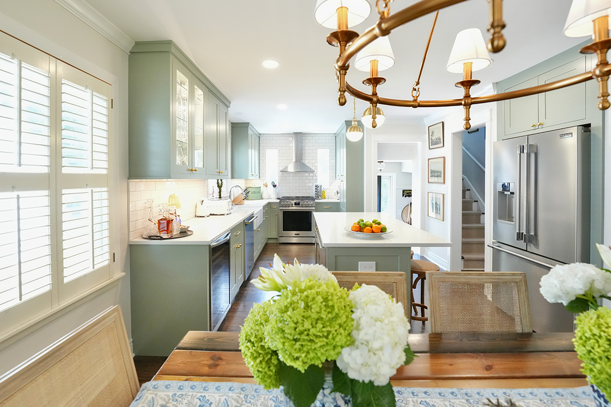 Light green painted kitchen with island.