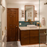Bathroom with a stained vanity.