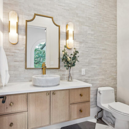 Floating bathroom vanity in Vita stain on Rift White Oak.