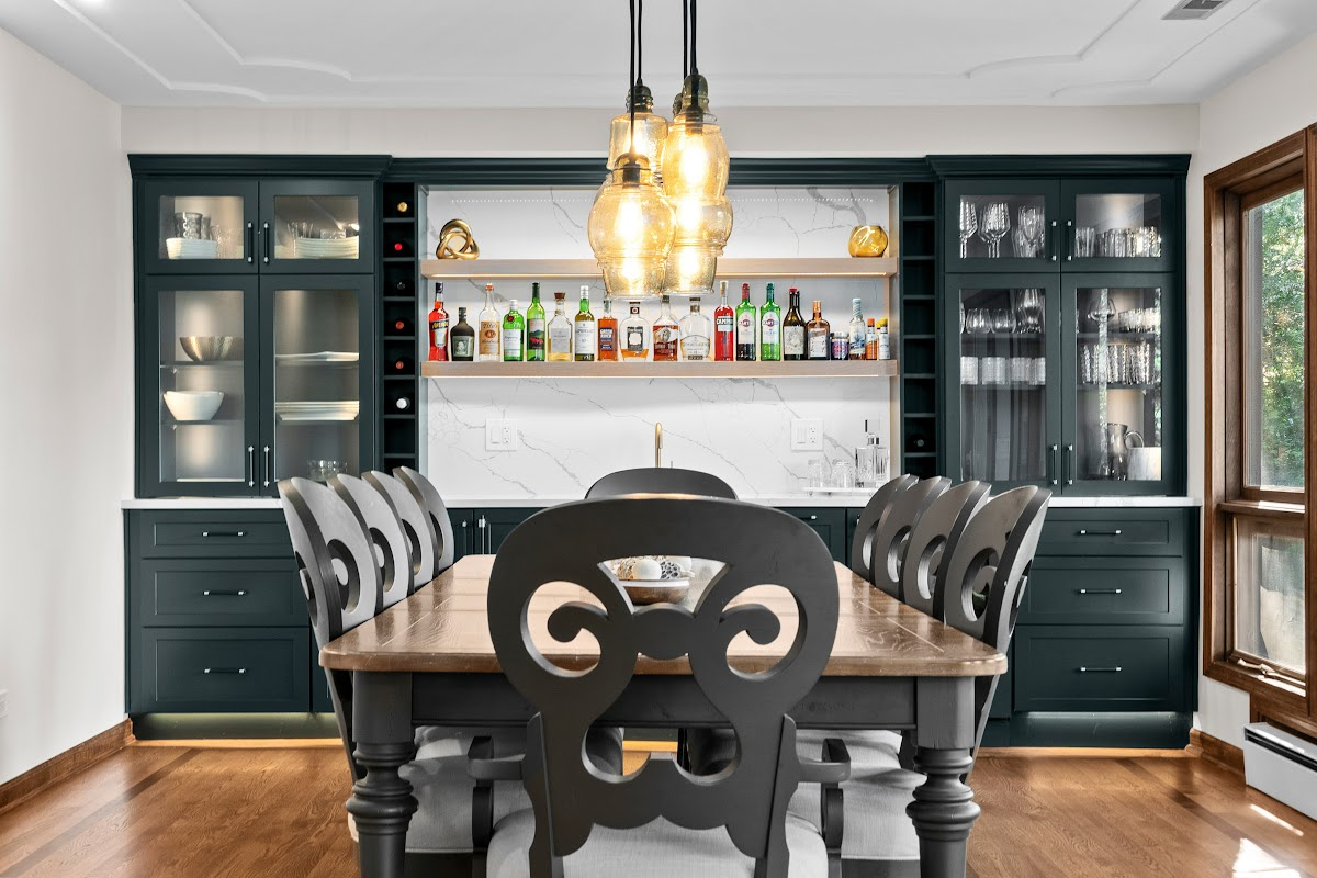 Dark green dining room bar cabinets