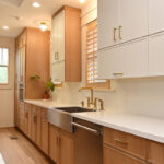 Painted and stained kitchen cabinets.
