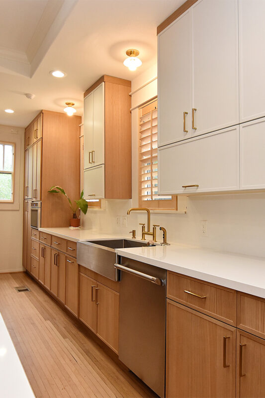 Painted and stained kitchen cabinets.