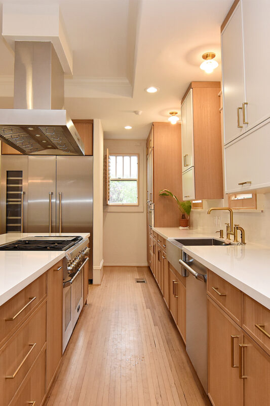 Painted and stained kitchen cabinets.