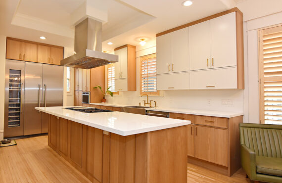 Painted and stained kitchen cabinets.