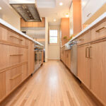 Painted and stained kitchen cabinets.