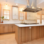 Painted and stained kitchen cabinets.