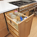 Painted and stained kitchen cabinets.